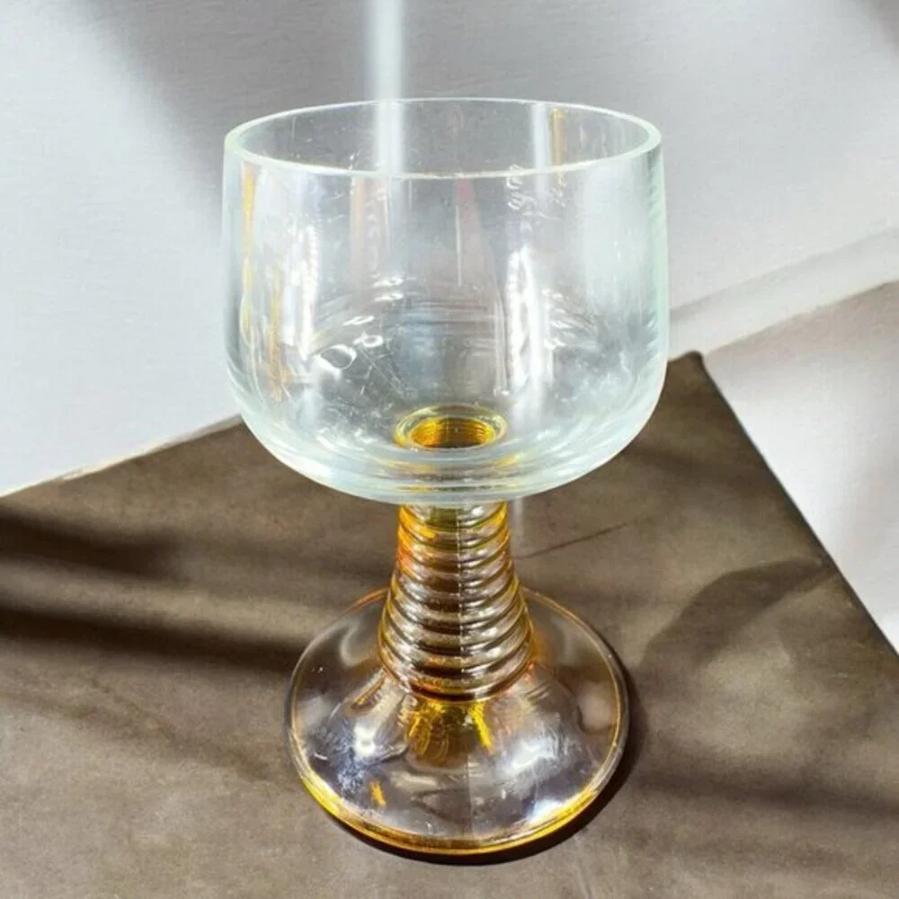 Vintage Roemer Glasses Cups Beehive Stems Glasses Set 2 Flashed‎ Amber Glass VTG